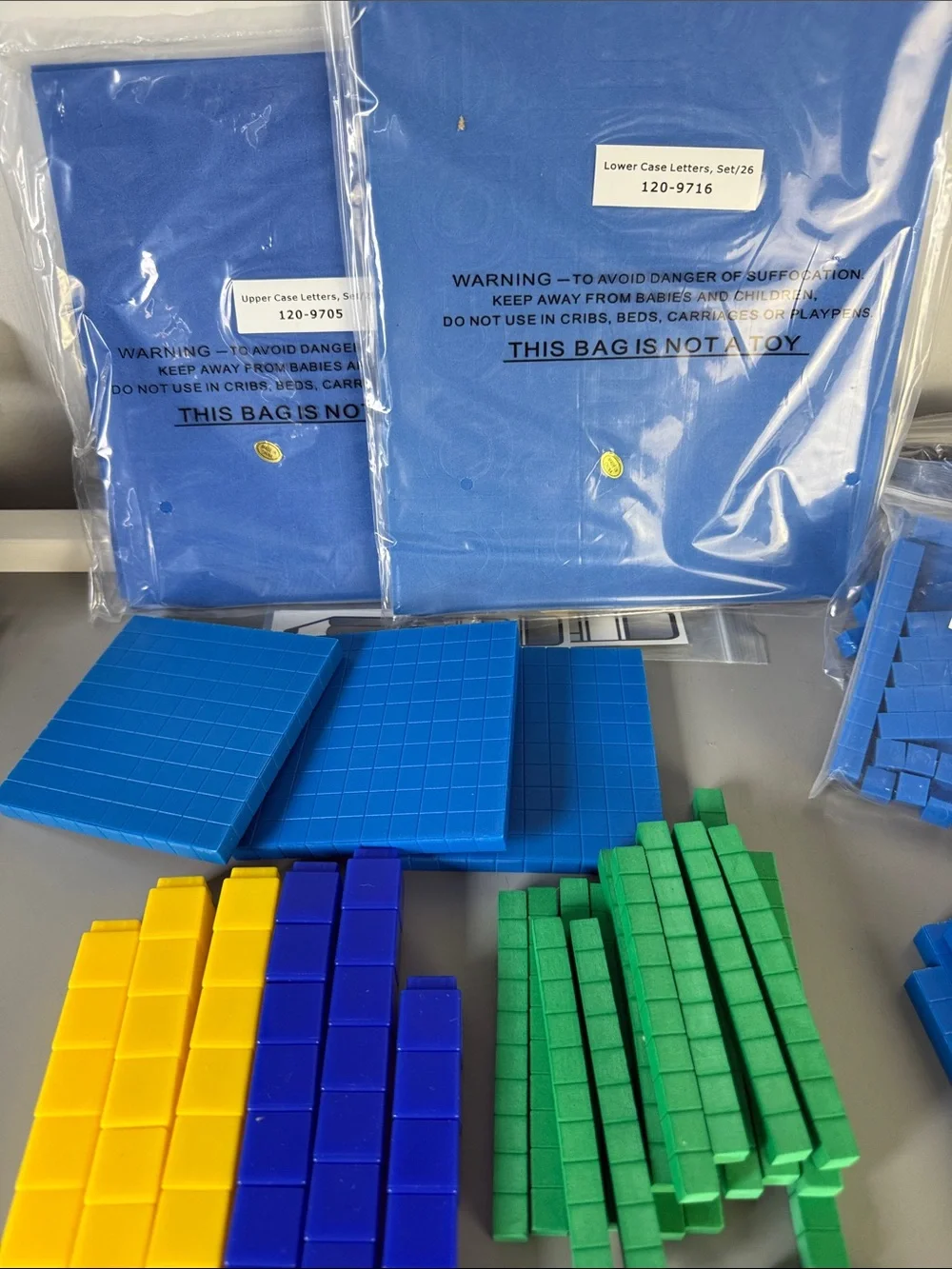 Blue, Green, Yellow Base Ten Math Manipulatives Set & Upper and Lower Letters